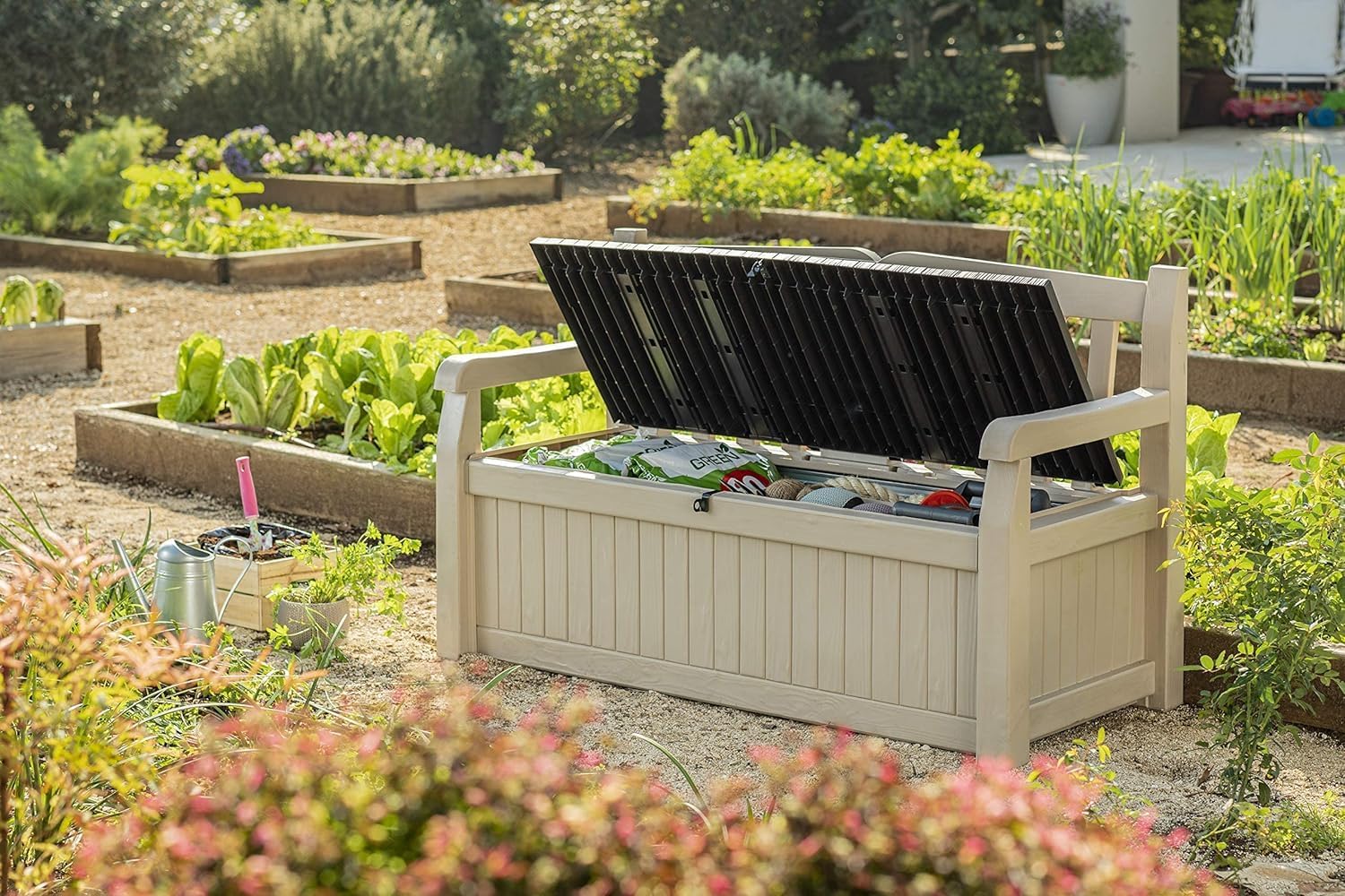 Keter Banco de jardín Eden, Caja de Almacenamiento de Jardin, Cerradura, Polipropileno, Blanco y Marrón