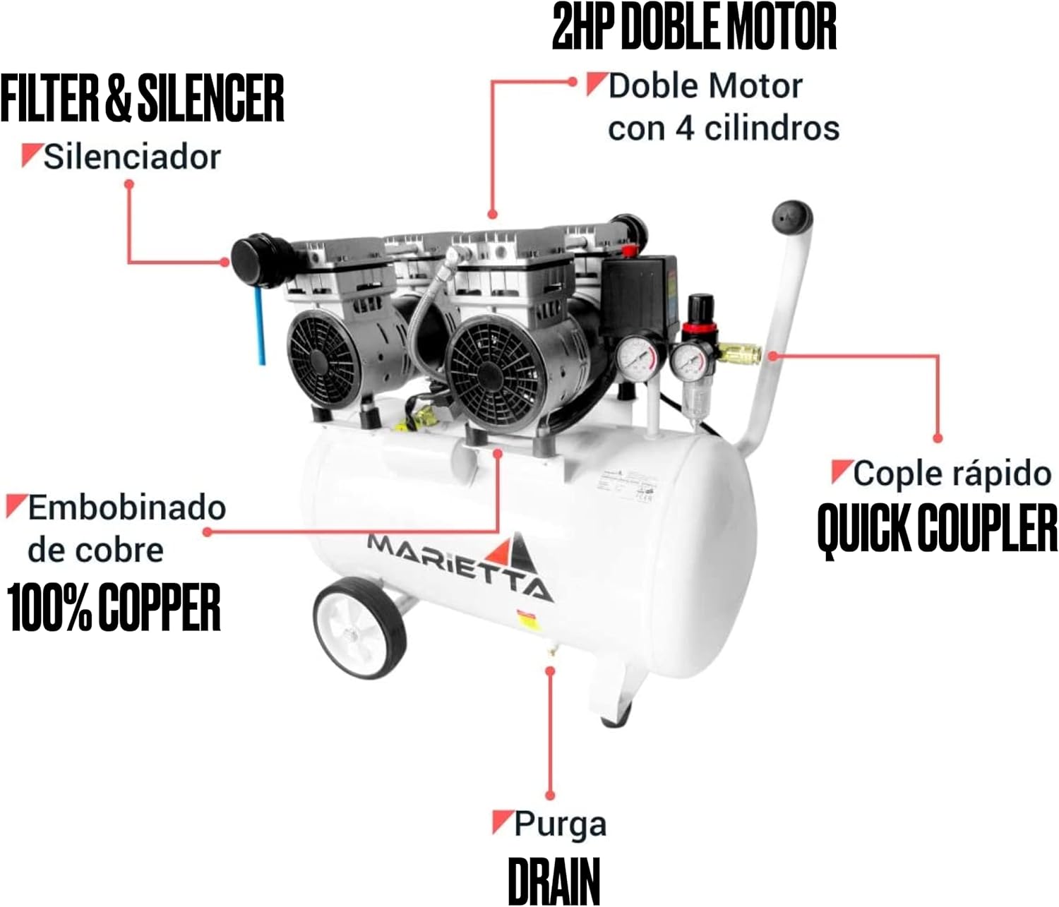 MARIETTA 2HP 50L: Compresor de Aire Silencioso - Compresor robusto de llenado rápido con 2 HP y tanque de 50L. Doble Motor Libre de Aceite.