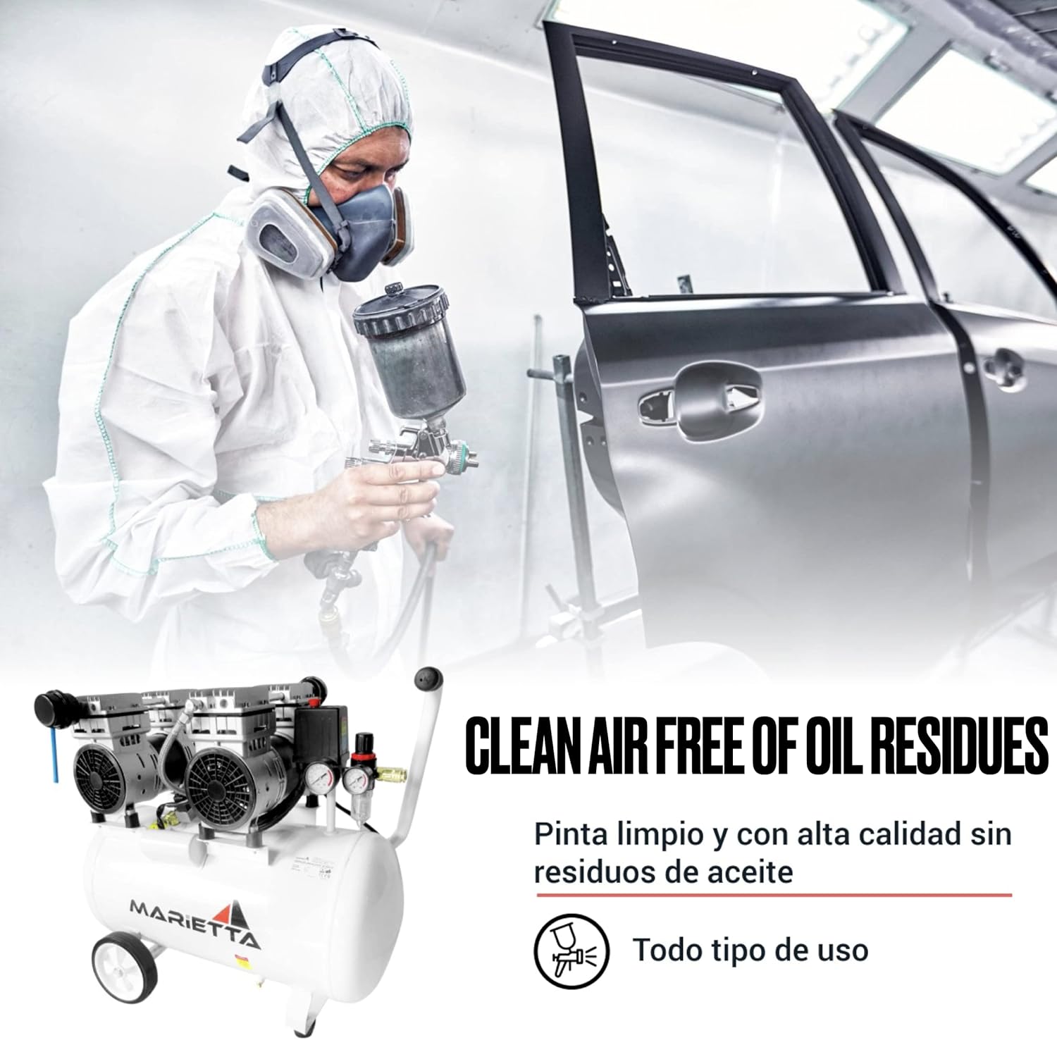 MARIETTA 2HP 50L: Compresor de Aire Silencioso - Compresor robusto de llenado rápido con 2 HP y tanque de 50L. Doble Motor Libre de Aceite.