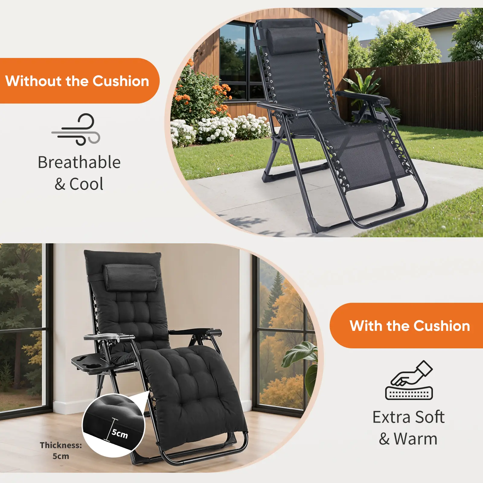 【Regalo para el Día de San Valentín】Silla Zero Gravity, Silla de Lounge para Camping Reclining, Sillas de Patio con Bandejas para Tazas y Cojín Removible, Reclinable Plegable para Uso Interior y Exterior.