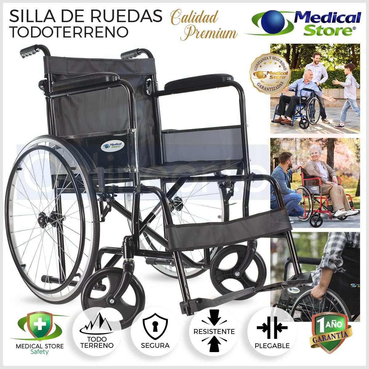 MEDICAL STORE Silla de Ruedas, Modelo 809F, Acero Resistente, Descansapies Desmontables, Descansabrazos Fijos Rectos, Asiento y Respaldo de Vinil Alta Resistencia. (ROJO)