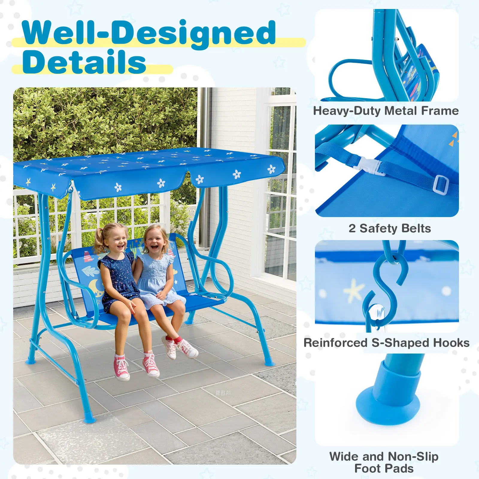 ✨Columpio infantil para patio, apto para todo tipo de clima, hamaca doble para porche (con toldo desmontable), banco columpio para exteriores