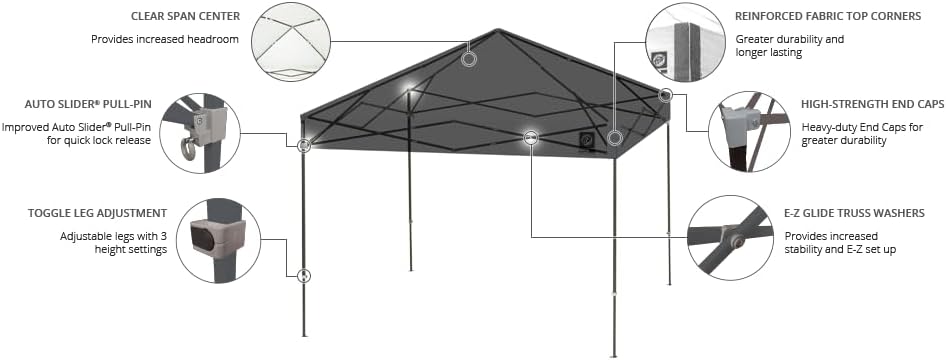E-Z UP Ambassador Instant Shelter Toldo, 10 x 10 pies, Bolsa de Rodillo y Juego de 4 Puntas de Acero, Gris