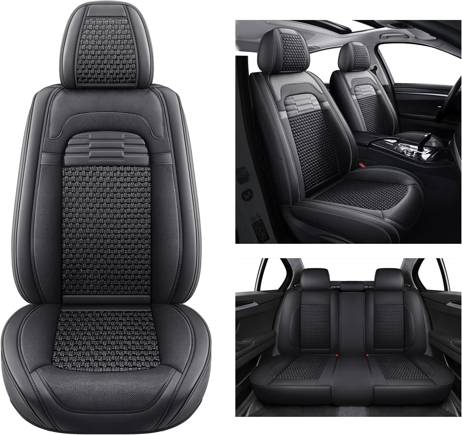 hikeaglauto Juego completo de fundas de asiento de coche, de piel sintética para autos, SUV, súper transpirables, universales, para la mayoría de los sedanes (juego completo, negro)
