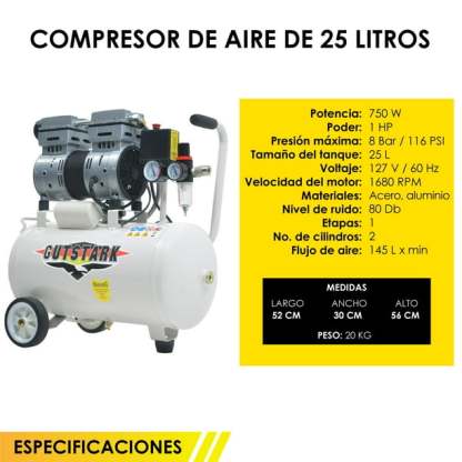 Compresor Dental Aire 1 HP 25 L Gutstark Home Silencioso 127v 2 Pistones 116 Psi Libre Aceite