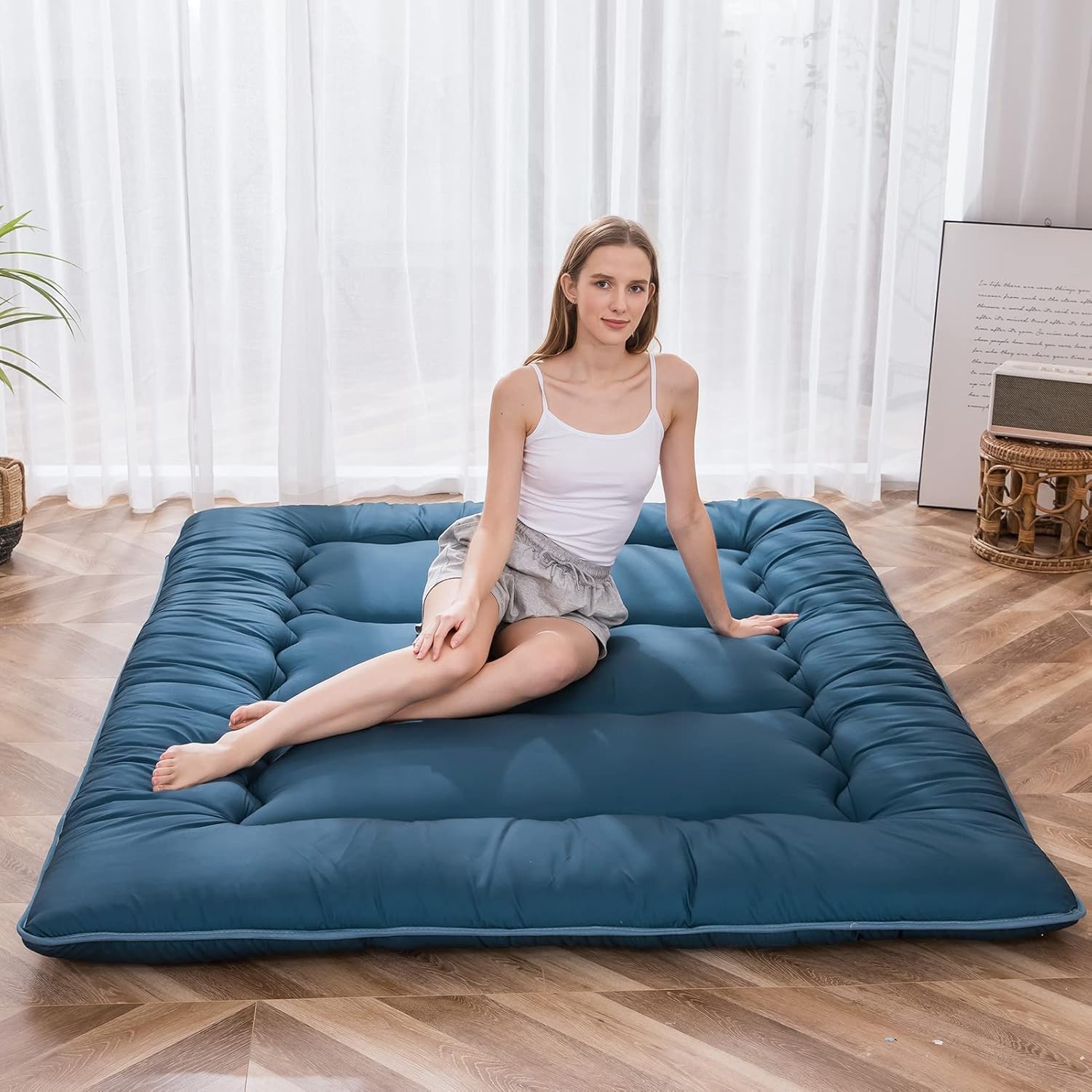 MAXYOYO - Puf plegable para sofá, cama, colchón de piso para adultos, extra grueso, 6 pliegues, sofá para recámara, sala de estar, beige, 135 x 240 cm