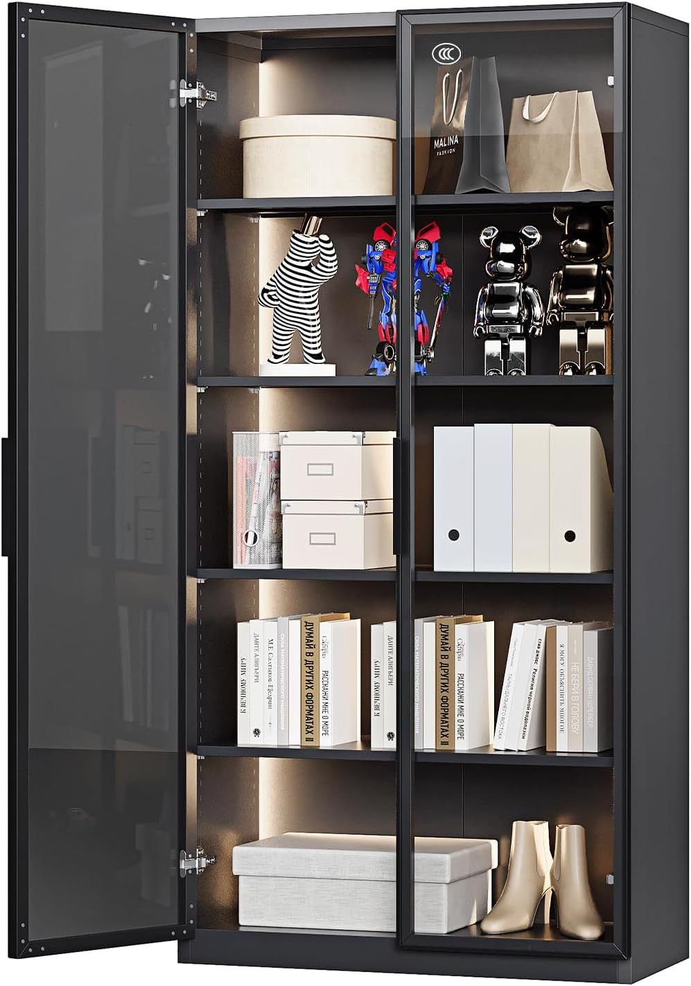 PEUKC - Vitrina con puertas de vidrio, vitrinas con 4 estantes ajustables y cerradura para el hogar, la oficina, la clínica, la despensa, requiere ensamblaje, negro, color madera