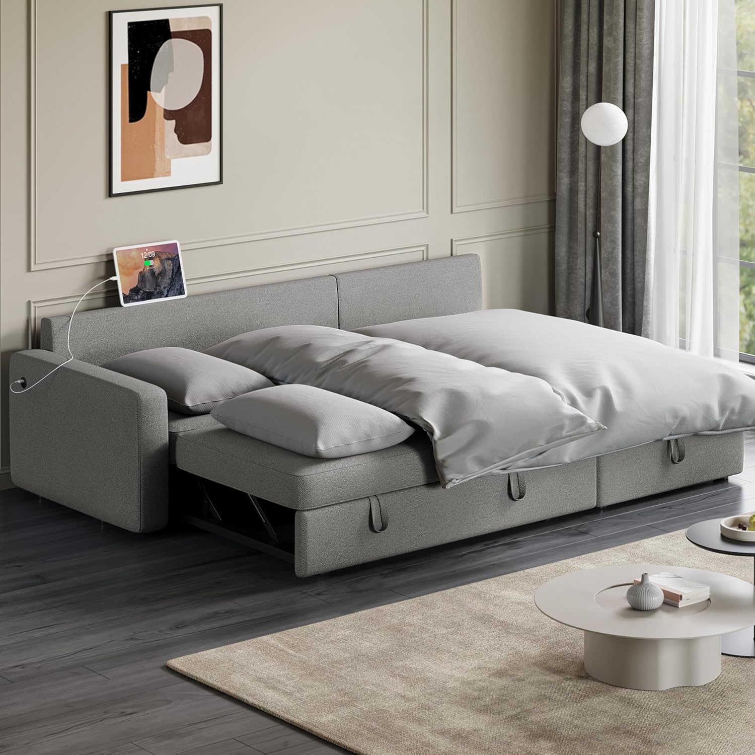 Yaheetech Sofá seccional en forma de L, sofá cama con chaise, sofá cama reversible con cama extraíble y espacio de almacenamiento, sofá convertible de tela de 4 asientos, adecuado para sala de estar, gris claro