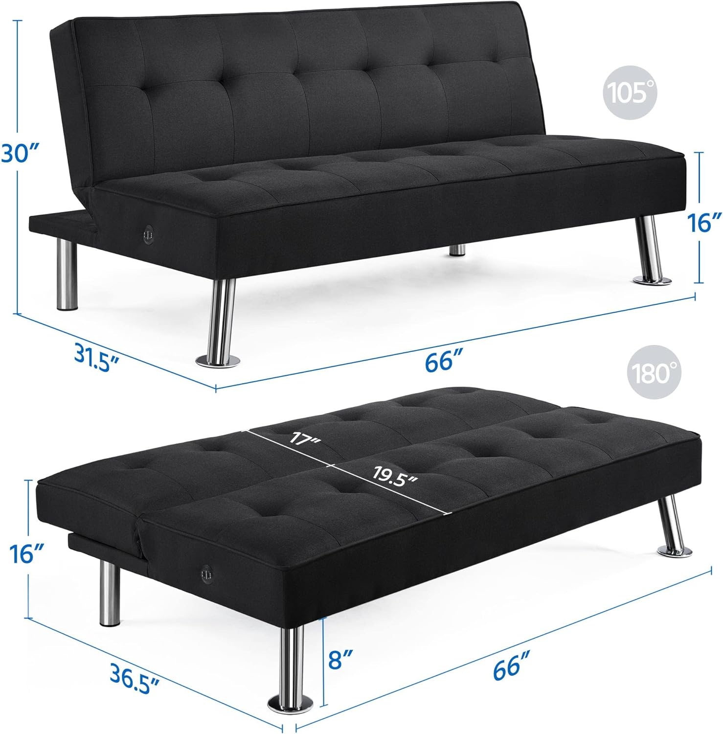 Yaheetech - Sofá Cama Convertible Moderno con 2 Puertos de Carga USB Integrados de Tela, Patas de Metal, 3 ángulos Ajustables para una Vida compacta, Departamento, recámara, habitación Extra Gris