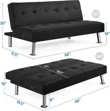 Yaheetech - Sofá Cama Convertible Moderno con 2 Puertos de Carga USB Integrados de Tela, Patas de Metal, 3 ángulos Ajustables para una Vida compacta, Departamento, recámara, habitación Extra Gris