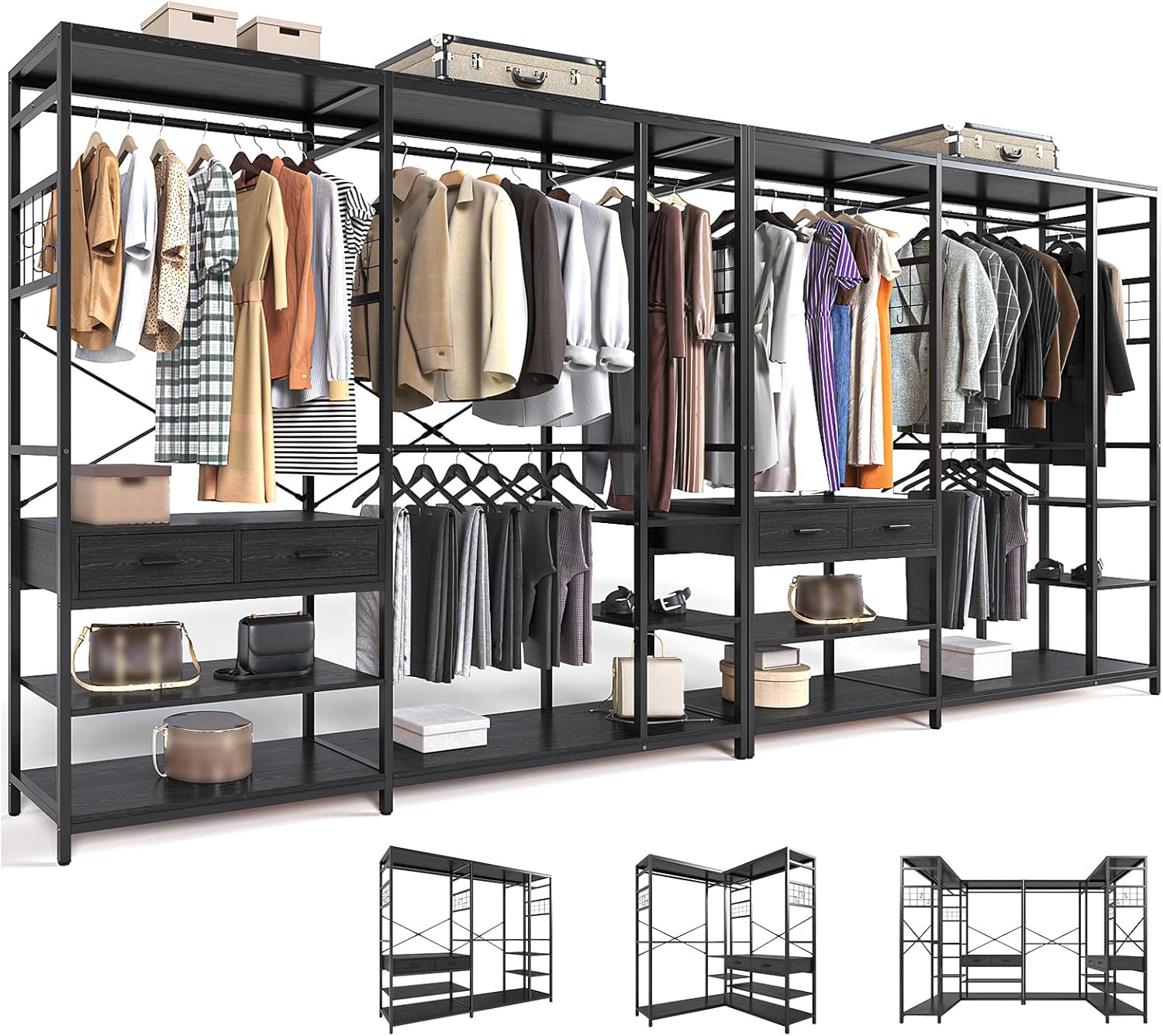 Simple Wisdom Closet Armables Para Ropa,2M Perchero Para Ropa Esquina en Forma de L,Closet Para Ropas Con 2 Cajones de Madera,Rack Para Ropas Con 5 Estantes Abiertos (Negro)