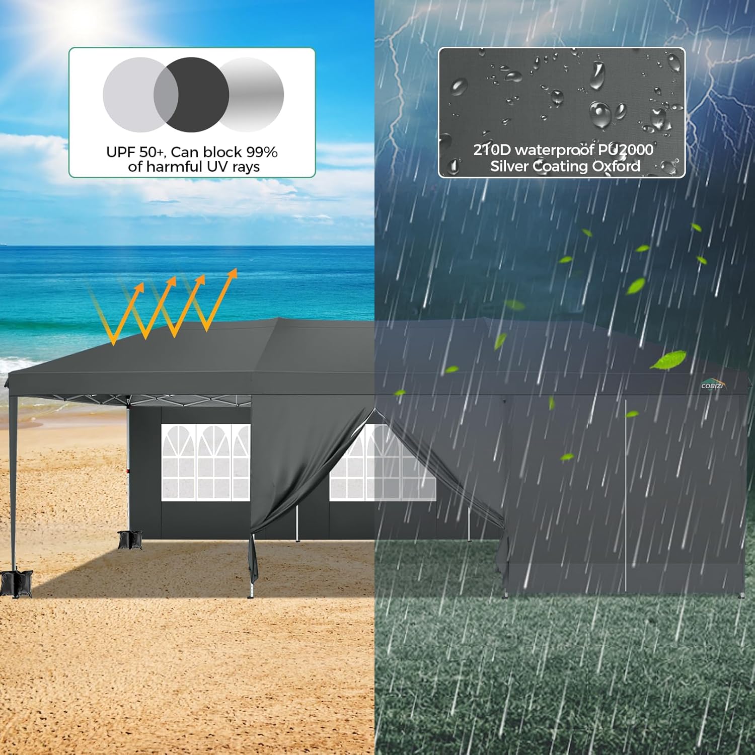 COBIZI - Toldo desplegable de 10 x 20 Pulgadas con 6 Paredes Laterales, toldo Impermeable para Eventos al Aire última intervensión, UPF 50+ cenador portátil para Fiestas, Playa, Camping, Boda,