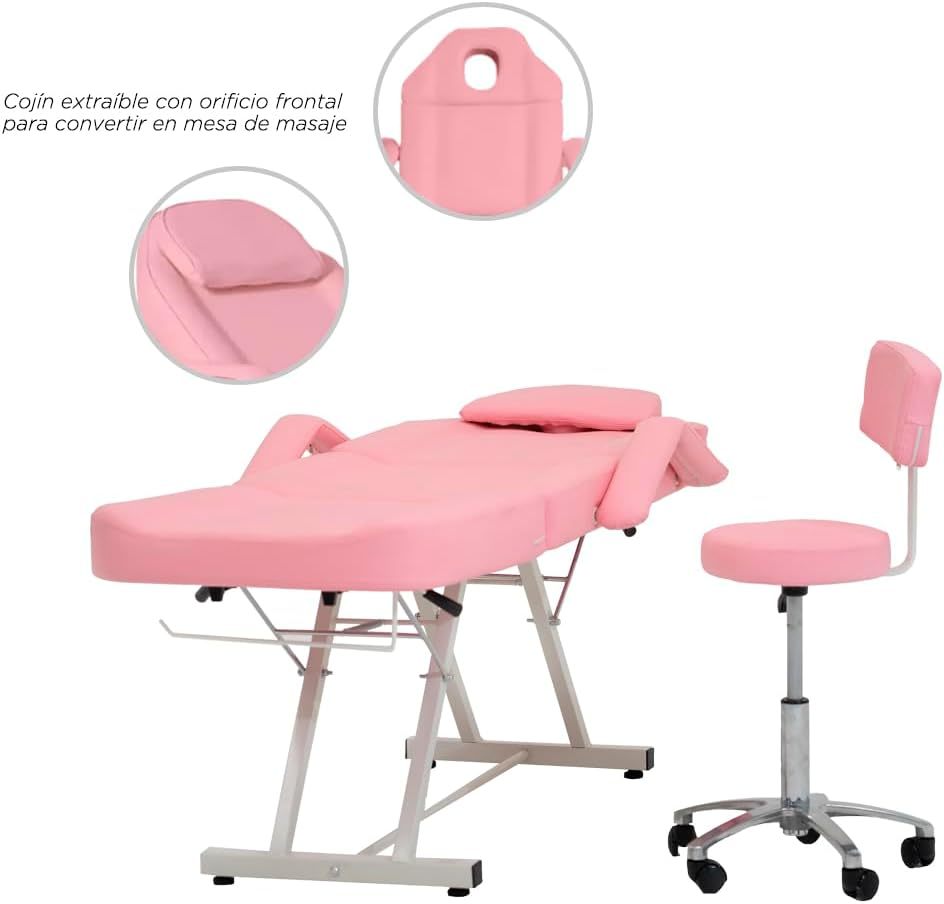 VANLIG Silla Camilla de Masaje y Estética | Reclinable y Ajustable | Incluye Banco con Ruedas | Soporta hasta 180 kg | Ideal para SPA, Faciales, Tatuajes y Belleza | Color Rosa