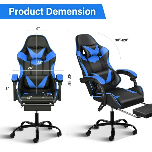 Silla de juego YSSOA Racing Style ajustable con reposapiés negro/azul