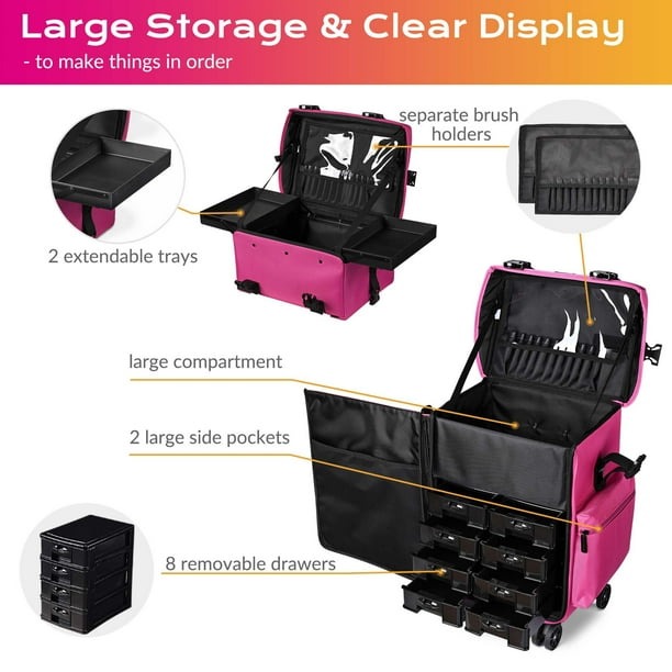 Byootique Deep Pink 2in1 Rolling Makeup Case Soft Sided Cosmetic Organizer 1680D Byootique Modern