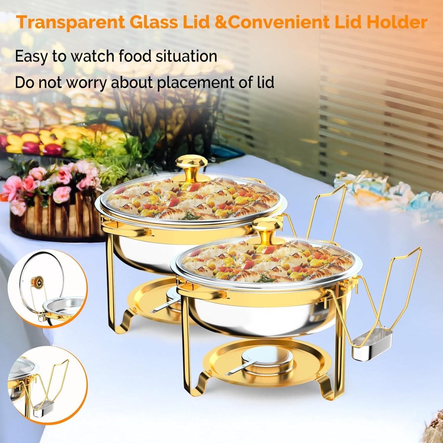  Juego de 8 platos dorados para bufé, juego de buffet redondo de 5 cuartos de galón, chafers de acero inoxidable y calentadores de buffet para fiestas, bodas, catering