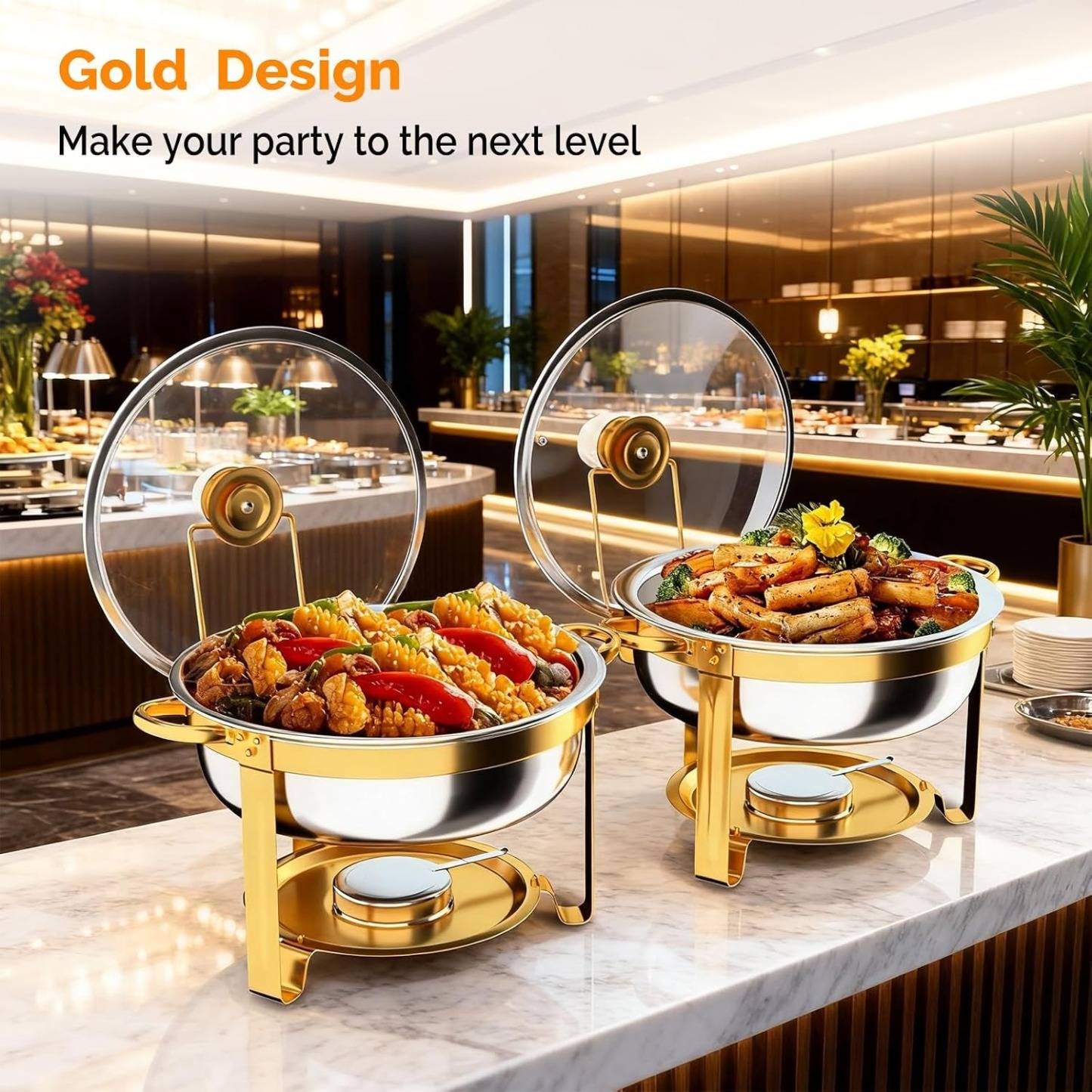  Juego de 8 platos dorados para bufé, juego de buffet redondo de 5 cuartos de galón, chafers de acero inoxidable y calentadores de buffet para fiestas, bodas, catering