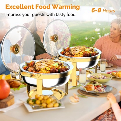  Juego de 8 platos dorados para bufé, juego de buffet redondo de 5 cuartos de galón, chafers de acero inoxidable y calentadores de buffet para fiestas, bodas, catering
