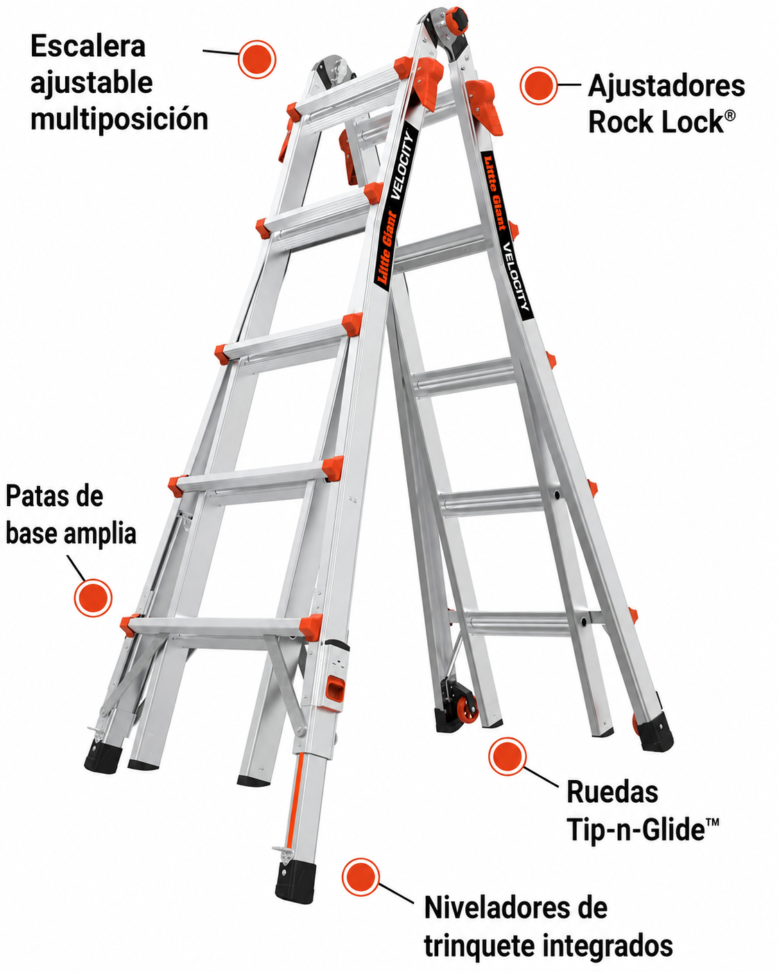 Little Giant Ladders Velocity Escalera plegable multiposición de 17 pies, aluminio, capacidad de carga de 300 libras, tipo 1A extra resistente, alcance de 18 pies, con niveladores de carraca y ruedas
