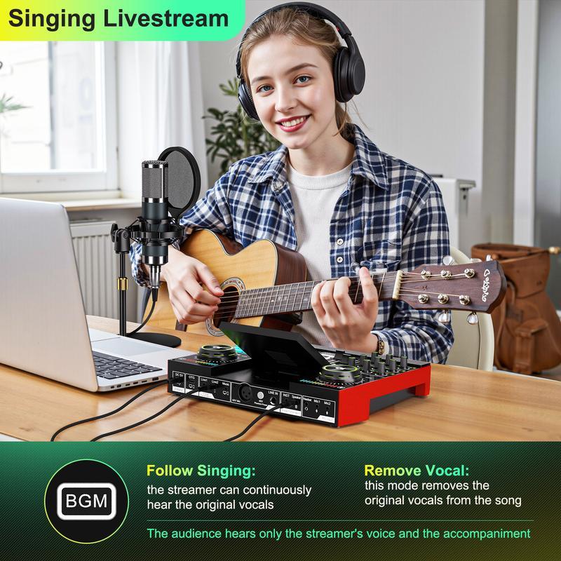 Kit de tarjeta de sonido de mezcla Tenlamp G10-P15, efectos de sonido personalizables, reducción de ruido de dos niveles, equipado con un micrófono de condensador, adecuado para transmisión en vivo, juegos, canto, podcasting y más.