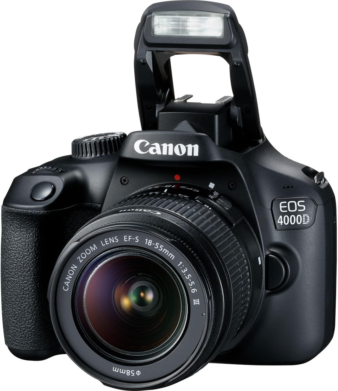 Cámara Canon EOS 4000D con Lente EF-S 18-55mm f/3.5-5.6 III y Accesorios Profesionales: Batería de Repuesto LPE10, Flash Esclavo, Bolsa Grande para Dispositivos en Negro