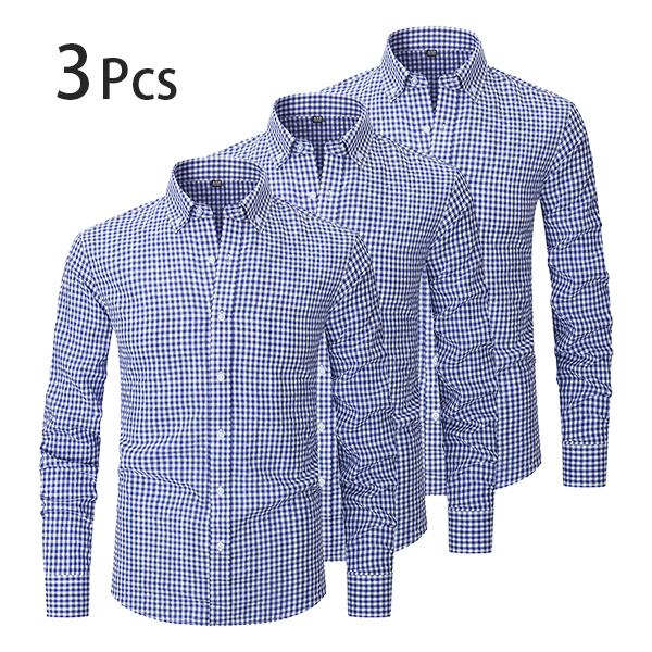 【3PCS】Men's plaid shirt; casual daily breathable long-sleeved stretch button-down collar men's coat. camisas mangalarga para hombres Menswear Top