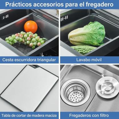 Fregadero de cocina, fregadero de acero inoxidable con cascada, fregadero moderno con dispensador y accesorios para bar, comedor y exterior (60 x 46 cm)