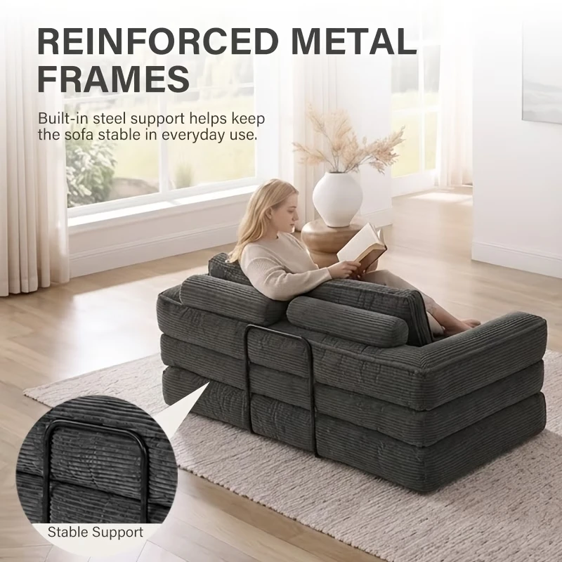 Sofá cama doble tapizado, plegable y convertible, ideal para espacios pequeños como apartamentos, residencias estudiantiles o salas de estar pequeñas. Puede utilizarse para relajarse, leer o tomar una siesta.