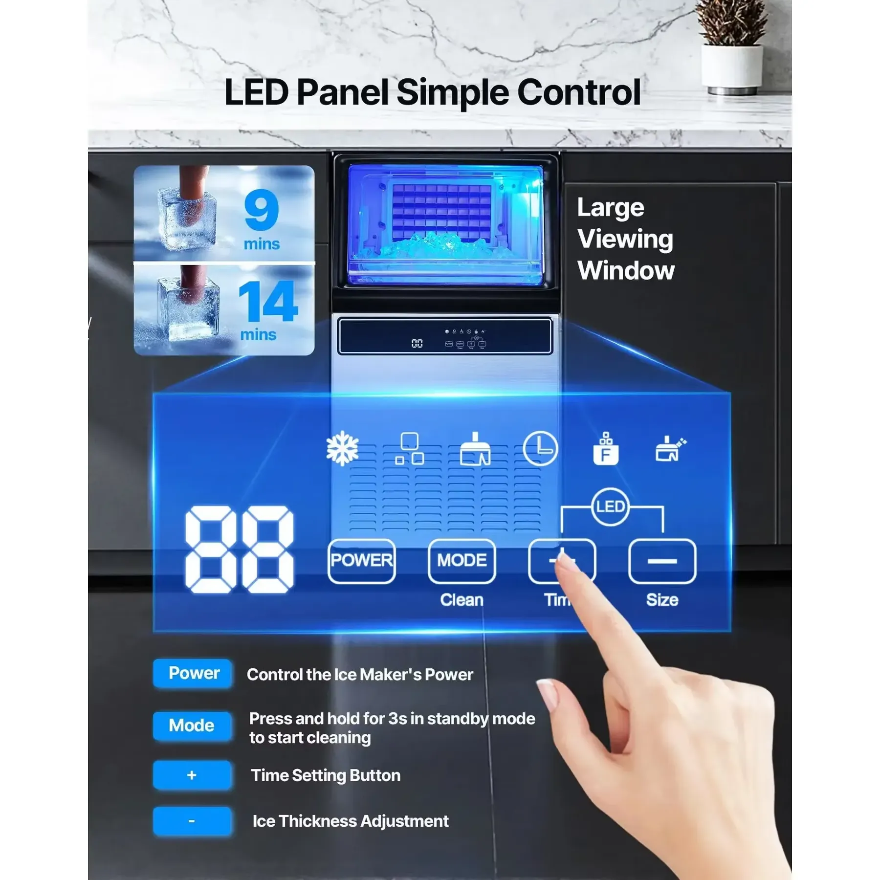 Máquina de hielo comercial, capacidad de 130 libras/24 h y almacenamiento de 33 libras, 45 cubitos por ciclo; fabricadora de hielo de acero inoxidable (independiente o empotrable) con pantalla LED y autolimpieza, ideal para hogares, bares y restaura