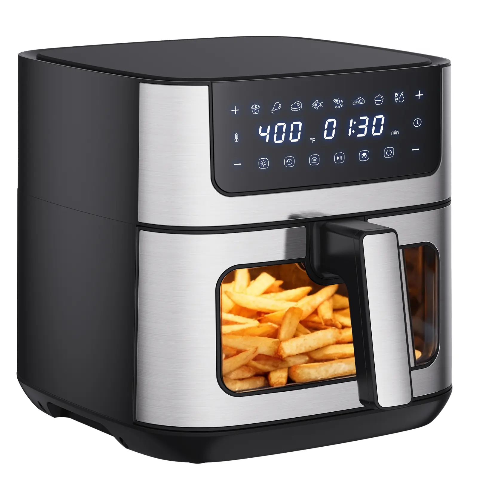 Freidora de aire 6.34QT con ventana, 8 funciones, 400°F, temporizador 90 min, canasta antiadherente apta para lavavajillas, acero inoxidable