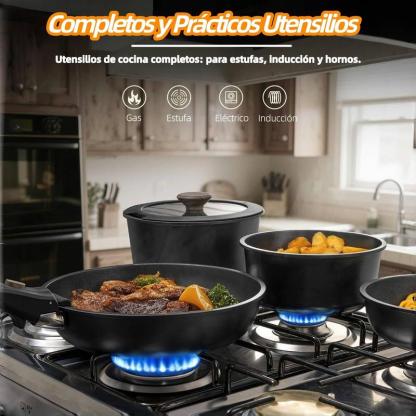Batería De Cocina 15/17/22 Piezas Juego De Sartenes Ollas  Utensilios Sartenes Antiadherentes Con Mangos Desmontables Y Tapas De Vidrio Para Inducción, Gas Y Horno Negro Blanco Libre de PTFE, PFOA, plomo y cadmio. Cocina con menos aceite, sin que se pegue