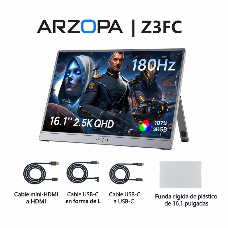 【180 HZ】ARZOPA Monitor portátil para Juegos 16,1 Pulgadas, 180 Hz, con Soporte, 106% sRGB, Monitor portátil Externo como Segunda Pantalla para computadora portátil, PC, PS5, Mac y Xbox - Z3FC