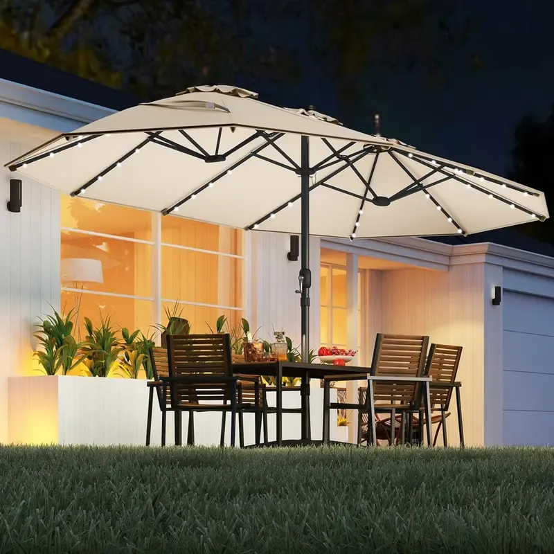 【Luces LED solares】Sombrilla grande de patio COSTWAY de 4,5 m, sombrilla doble extragrande para exteriores con base, 36 luces LED y manivela para jardín, terraza, piscina, patio, decoración del 4 de julio, regalo para papá