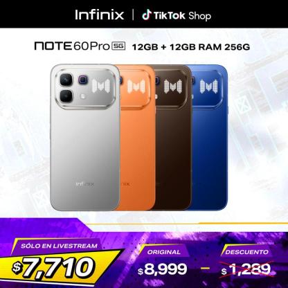 Infinix Note 60 Pro 5G 12GB+12GB RAM 256GB | Pantalla AMOLED 6.78" 1.5K 144Hz | Snapdragon 7s Gen 4 | Batería 6000mAh Carga Rápida 90W | Cámara 50MP OIS | NFC | Dual SIM | Android 16
