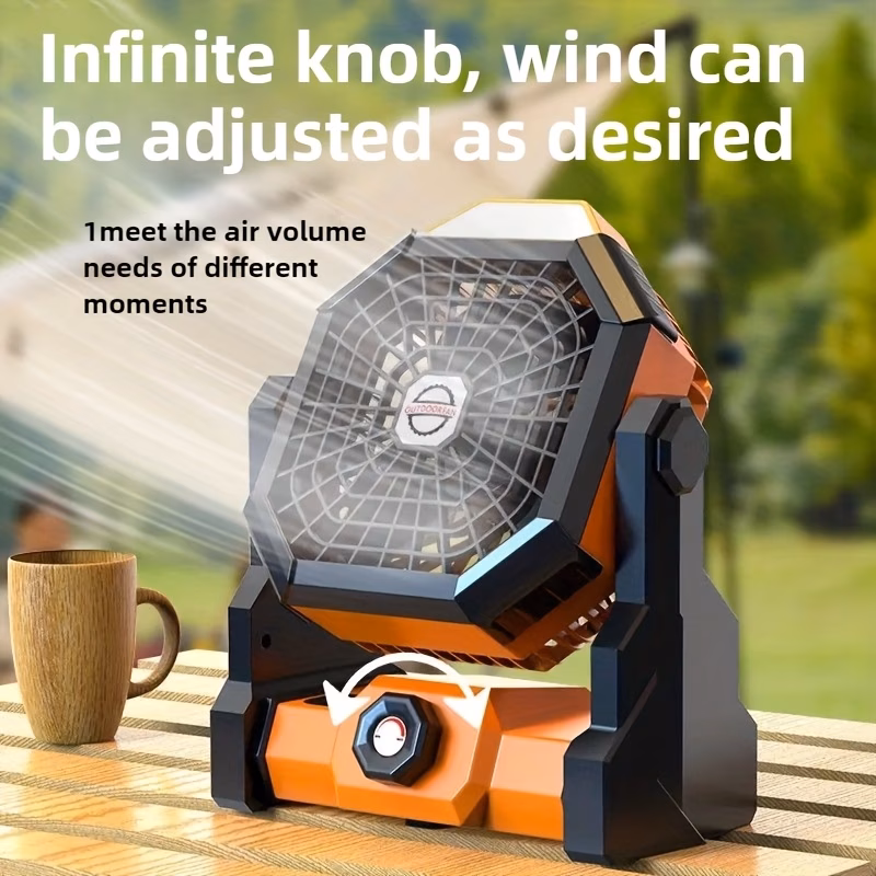 Ventilador portátil para camping al aire libre con luz led de brillo ajustable, gancho, recargable por usb, batería incorporada de 7800 mah para mayor duración, con ángulos ajustables de 270° y control de velocidad sin escalones