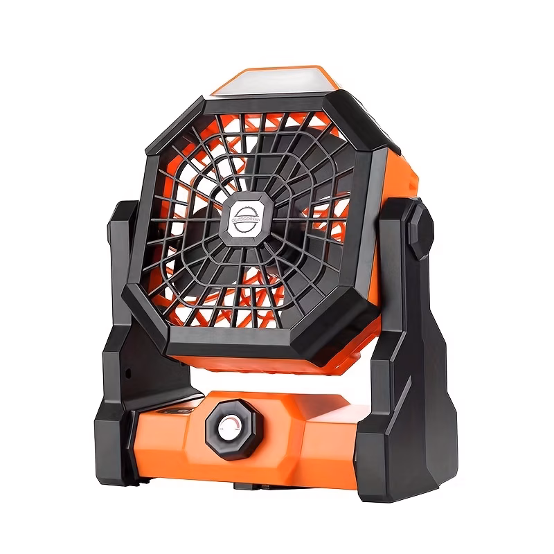 Ventilador portátil para camping al aire libre con luz led de brillo ajustable, gancho, recargable por usb, batería incorporada de 7800 mah para mayor duración, con ángulos ajustables de 270° y control de velocidad sin escalones