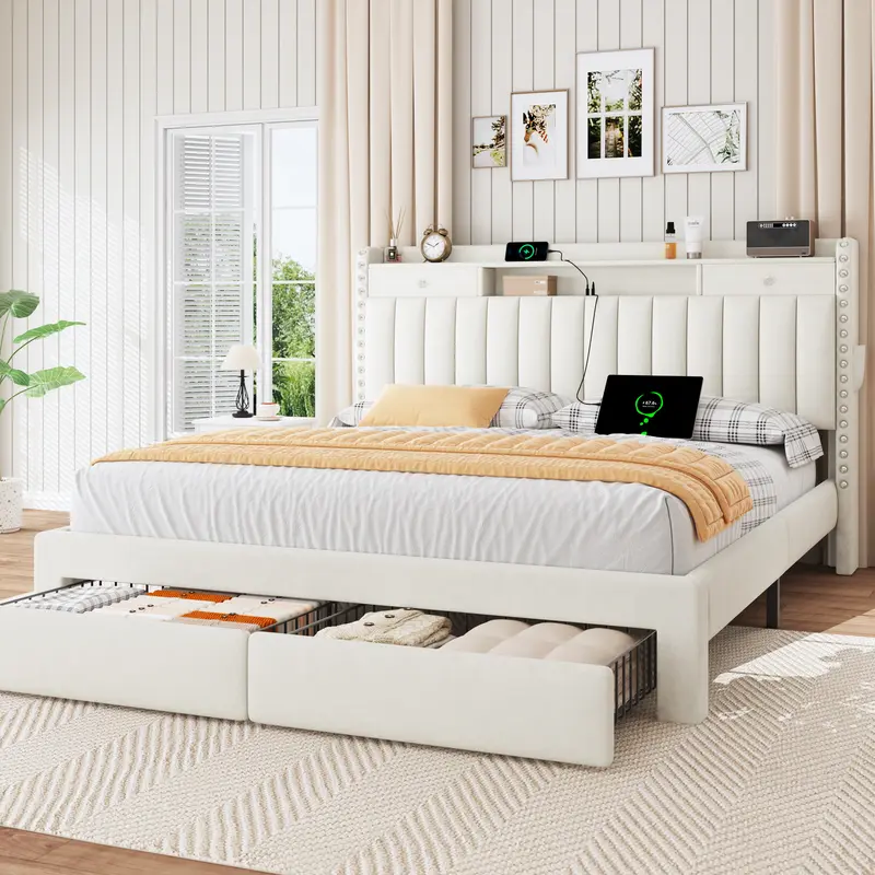 Estructura de cama TryLazy Furniture con 4 cajones y 2 puertos de carga USB y 1 puerto de carga tipo C, sin colchón, estructura de cama tapizada con cabecero con almacenamiento, no requiere somier, fácil montaje, tamaño matrimonial/queen/king.