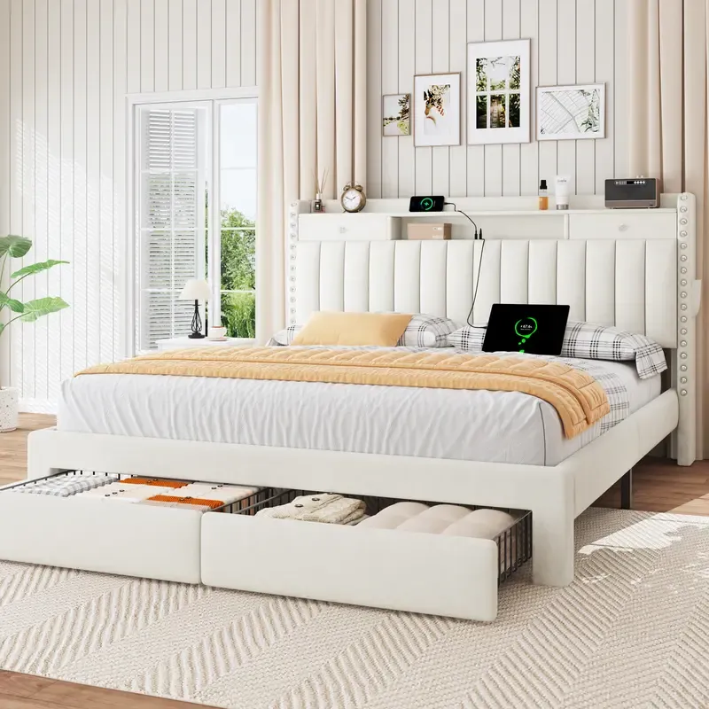 Estructura de cama TryLazy Furniture con 4 cajones y 2 puertos de carga USB y 1 puerto de carga tipo C, sin colchón, estructura de cama tapizada con cabecero con almacenamiento, no requiere somier, fácil montaje, tamaño matrimonial/queen/king.