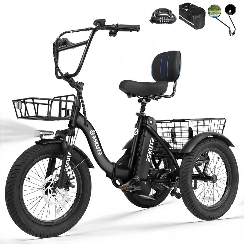 Bicicleta de carga ESKUTE para adultos, triciclo eléctrico plegable de 3 ruedas con motor de 1200 W, neumáticos anchos, respaldo y manillar de bicicleta, bicicletas eléctricas para adultos, pedaleo/asistencia/acelerador tiktokshopbacktoschool