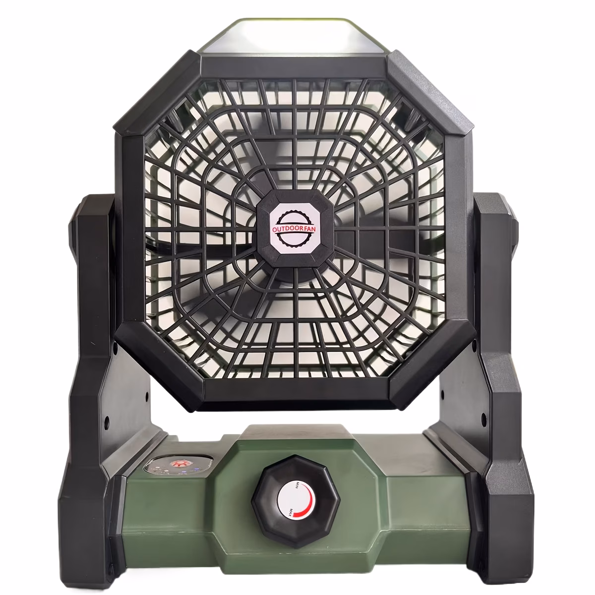 Ventilador portátil para camping al aire libre con luz led de brillo ajustable, gancho, recargable por usb, batería incorporada de 7800 mah para mayor duración, con ángulos ajustables de 270° y control de velocidad sin escalones