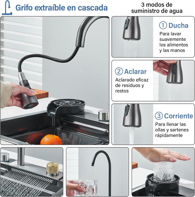 Fregadero de cocina, fregadero de acero inoxidable con cascada, fregadero moderno con dispensador y accesorios para bar, comedor y exterior (60 x 46 cm)