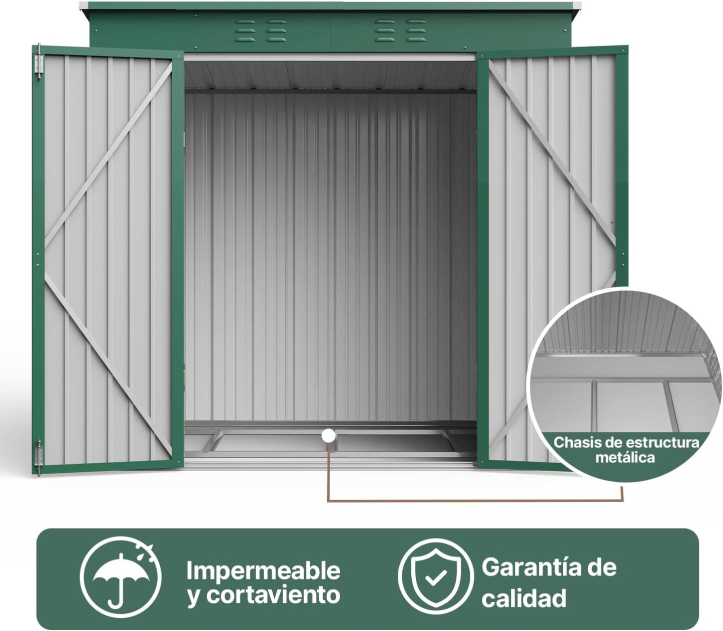 BRO A SIS Caseta de jardín metálica, 2 Puertas con Cerradura, ventilada, para Guardar Herramientas y Suministros. (Verde)