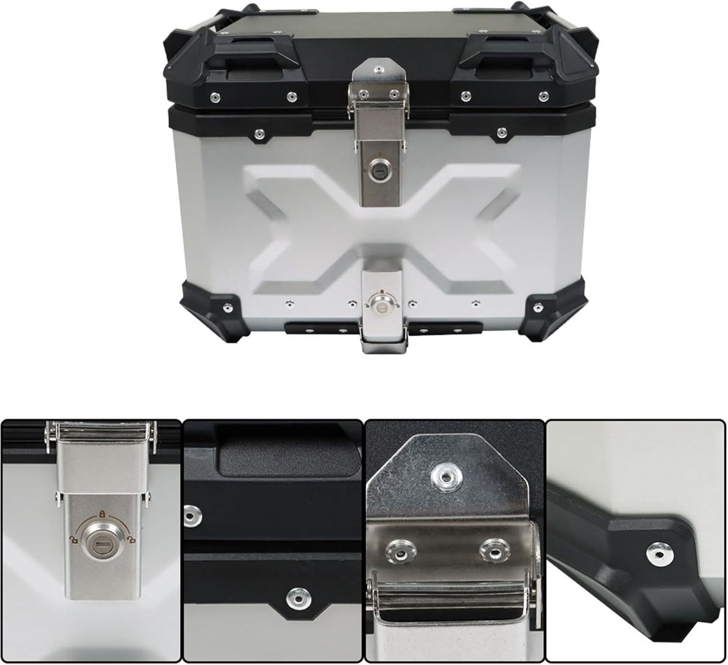 Labwork - Caja trasera para motocicleta de 45 l, con placa de montaje, aleación de aluminio dura, cierre de seguridad contra robo, metal plateado, caja trasera para maletero