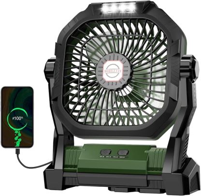 Ventilador recargable para camping, portátil y alimentado por batería de 20.000 mAh, con luz LED y gancho; cuenta con 4 velocidades y cabezal ajustable 270°. Ideal para tiendas de campaña, viajes, coche, uso en interiores y exteriores, barbacoas, pesca y 