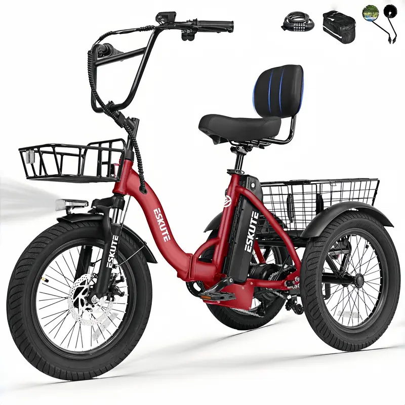 Bicicleta de carga ESKUTE para adultos, triciclo eléctrico plegable de 3 ruedas con motor de 1200 W, neumáticos anchos, respaldo y manillar de bicicleta, bicicletas eléctricas para adultos, pedaleo/asistencia/acelerador tiktokshopbacktoschool