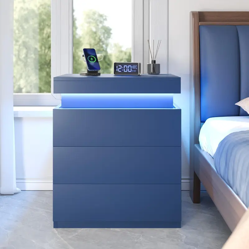 [Rebajas de verano] Mesita de noche Sikaic con estación de carga y luces LED, mesita de noche con tapa deslizante para dormitorio, mesita de noche con cajones, mesa auxiliar moderna, muebles para el hogar, artículos esenciales para residencias estudiantil