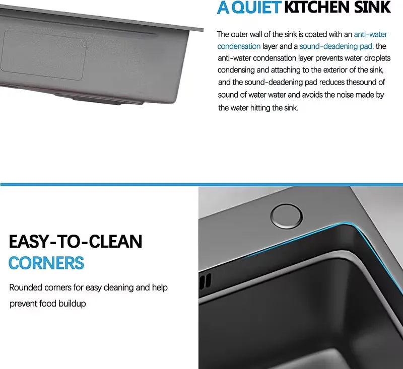 Fregadero de cocina de acero inoxidable de 33 x 22 pulgadas, color negro nano, diseño de cascada y montaje empotrado (drop-in), cubeta única, con grifo extraíble y accesorios incluidos.