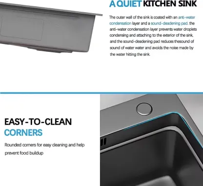 Fregadero de cocina de acero inoxidable de 33 x 22 pulgadas, color negro nano, diseño de cascada y montaje empotrado (drop-in), cubeta única, con grifo extraíble y accesorios incluidos.