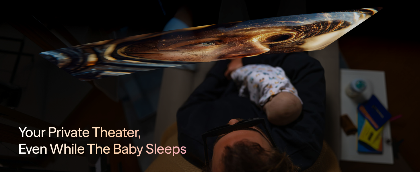 Text reads "Your Private Theater, Even While The Baby Sleeps". Image shows person relaxing on couch watching projection screen with shark image displayed.