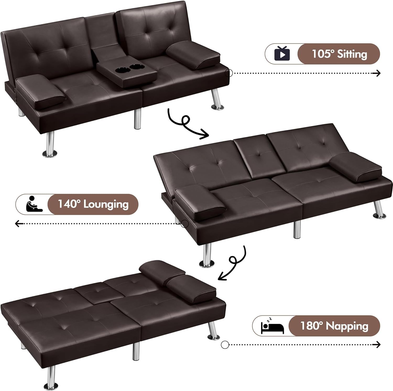 Yaheetech - Sofá Cama Convertible Ajustable, Moderno sillón reclinable de Piel sintética Reversible, sofá Cama Plegable, reposabrazos extraíbles, portavasos, 3 ángulos, Capacidad de 700 Libras, Color